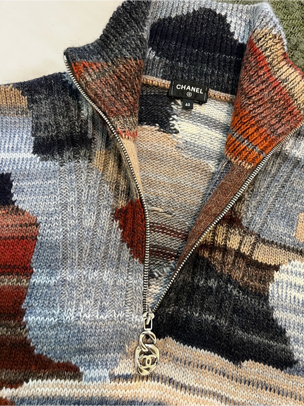CHANEL Multicolor Half-Zip Knit Sweater — Gray, Red, Brown